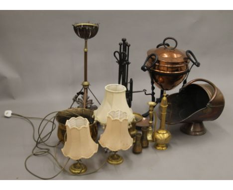 A copper and wrought iron log bin, a copper coal scuttle, a set of fire irons, a set of scales and a quantity of various bras