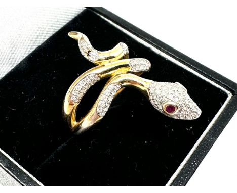 Silver &amp; gold gilt diamond snake ring ruby eyes missing 2 small diamonds on tail as shown