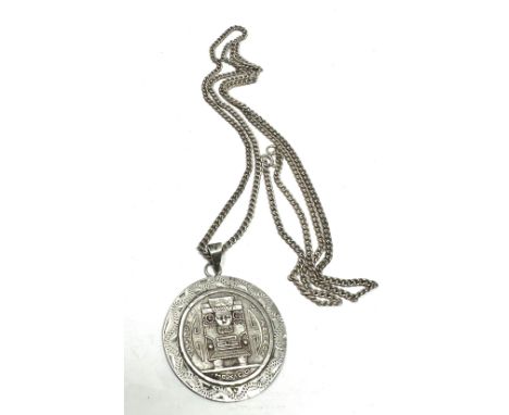 Mexico Sterling Silver Large Vintage Aztec Mayan Calendar Sun Pendant /on long silver necklace chain pendant measures approx 