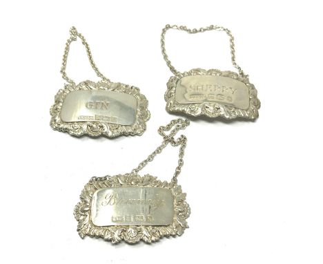 3 vintage silver bottle labels gin , sherry ,brandy weight 42g