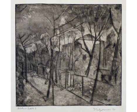 Bernhard Kretzschmar (Döbeln 1889 – 1972 Dresden)StraßenkehrerRadierung. 1920. 24,5 x 25,4 cm (31,7 x 43,6 cm). Signert, dati