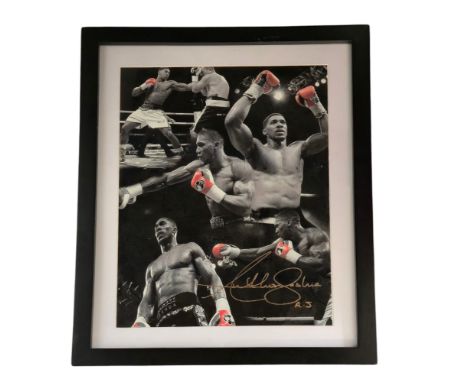 Boxing Anthony Joshua signed 20x16inch overall framed and mounted colourised montage print. Good condition. All autographs co