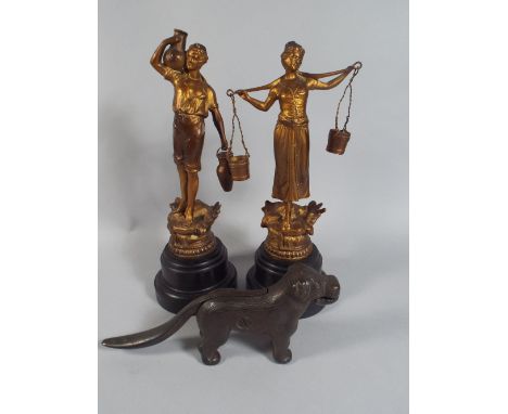 A Pair of French Gilt Spelter Figures, Viticulture Together with A Cast Metal Nut Cracker in The Form of A Dog.  