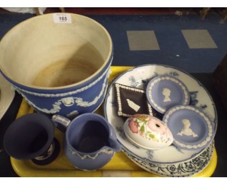 A Tray Containing Wedgwood Blue and White Jasper Ware to Include Large Planter. 