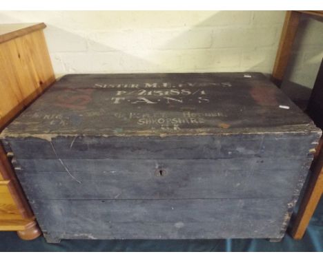 A Wooden Travelling Trunk, The Lid Inscribed Sister M E Evans, T.A.S