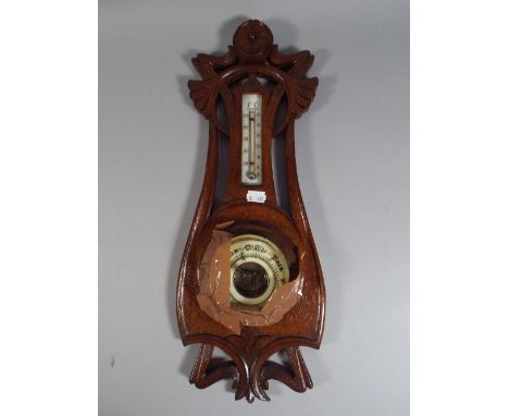 An Oak Art Nouveau Wall Aneroid Barometer/Thermometer, For Restoration.   