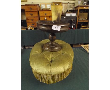 An Oval Button Upholstered Stool, Turned Oak Stand and A Horn Drinking Cup. 