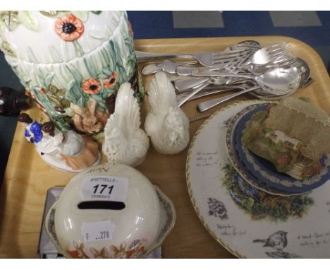 A Tray Containing Silver Plated Cutlery, Bunnykins Money Box, Chromed Cigarette Case/ Lighter Chicken Cruet Etc. 