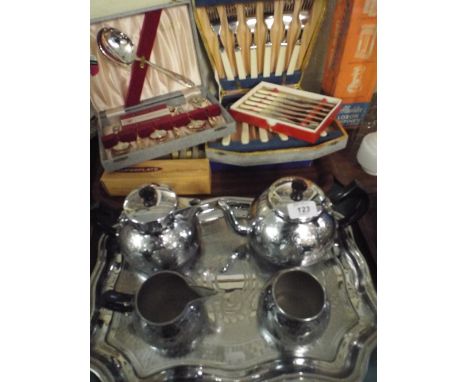 A Chromed Tea Set on Tray Together with Boxed Cutlery. 