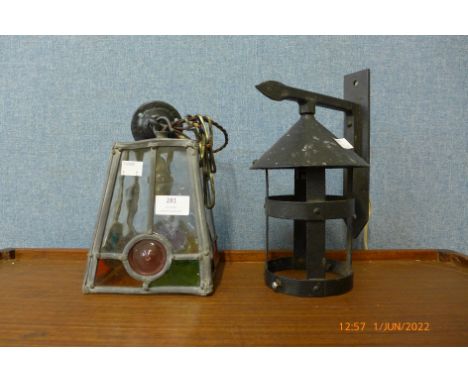 A leaded stained glass garden lantern and one other 