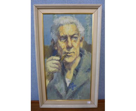British Modernist School, portrait of a gentleman smoking a pipe, oil on canvas, framed 