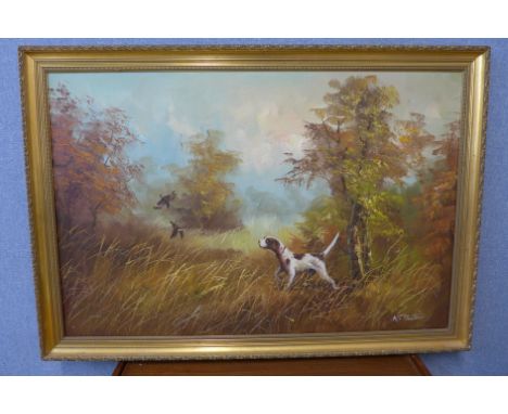 k Pantino, landscape with gun dog, oil on canvas, framed 