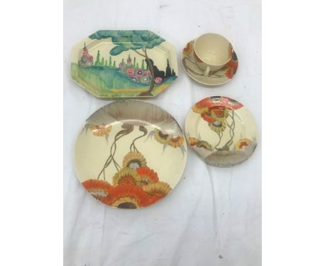 A quantity of Clarice Cliff to inc a 'Rhodanthe' pattern trio and a 'Bizarre' tray