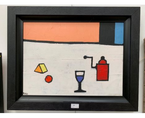 Colin Ruffell (b. 1939): Still life with wine glass, oil on board, signed, 36 x 50 cm