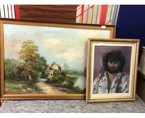 An oil a riverside scene, 60 x 90 cm, &amp; pastel portrait of bearded man (2)