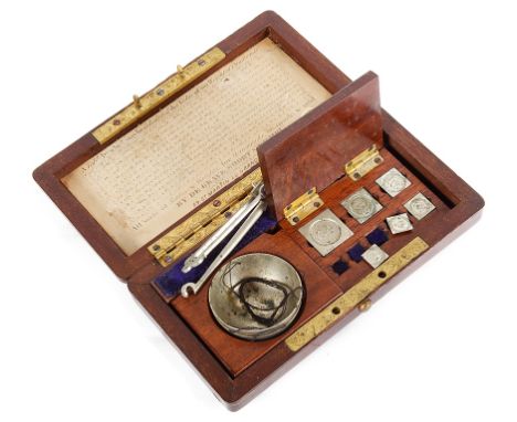 A Cased 19th Century De Grave Diamond Scale:Ornate mahogany bow with screw set lid, ornate engraved hinges and with tweezers,