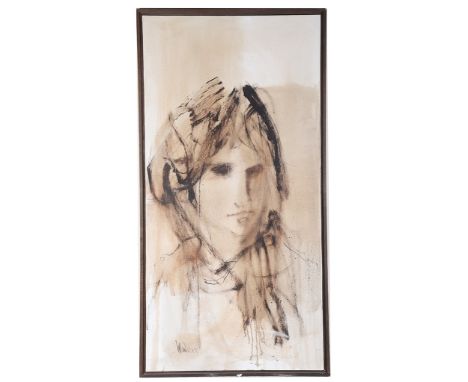 Gino Hollander (American, 1924-2015): Two oils on canvas, portrait studies of a young man, H 122 x W 61 cm, & woman, H 103 x 