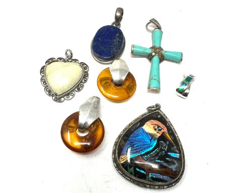7 vintage silver pendants inc butterfly wing amber etc