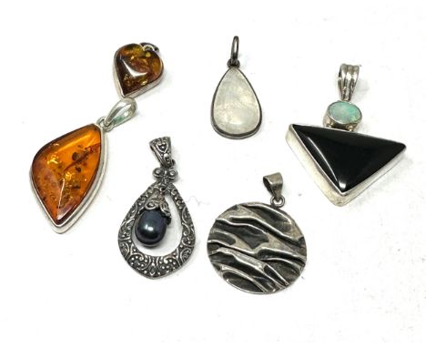 6 vintage silver &amp; stone set pendants inc opal moonstone amber etc