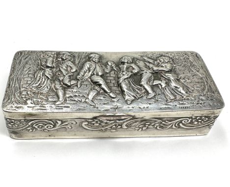 Antique silver scenic embossed trinket box measures approx 9.5cm by 4cm height 2.5cm weight 79g