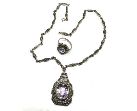 Vintage silver amethyst &amp; marcasite pendant necklace and matching ring 