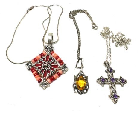 3 vintage silver gemstone set pendant necklaces