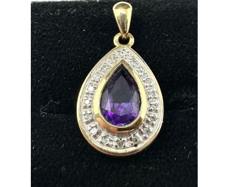 9ct gold amethyst &amp; diamond pendant measure approx 2cm drop weight 2g