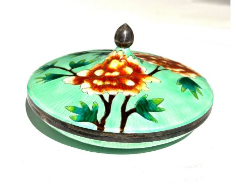 asian 999. Silver &amp; enamel trinket dish measures approx 11.5cm dia with floral enamel detail in good condition weight 268