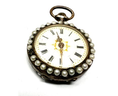 Antique silver &amp; enamel fob watch seed pearl halo the watch is ticking 4 small seed-pearls missing