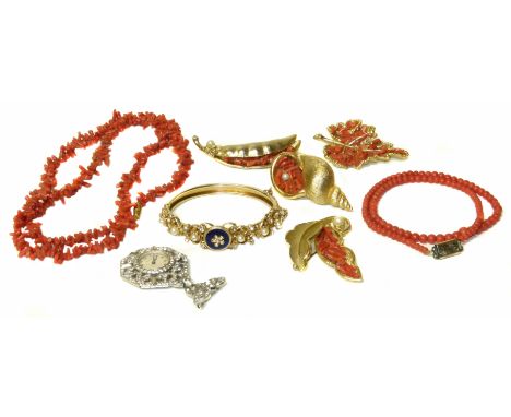 A selection of jewellery to include coral beads, coral brooches fob watch and bangle Condition reports are not available for 