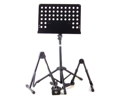 Guitar Equipment, to include two guitar stands, a Pro-Co Rat pedal, and a Kinsman music stand.