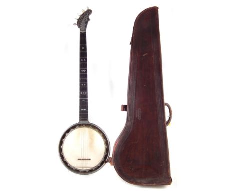 Riley - Baker Perfected Patent Pewter five string banjo, with with engraved neck and resonator, the base of the resonator mar
