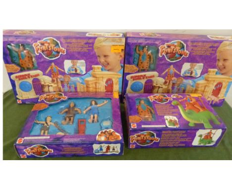 Four Mattel boxed Flintstones figures and play-sets, Bedrock (2), Bronto crane and gift set. Condition reports are not availa