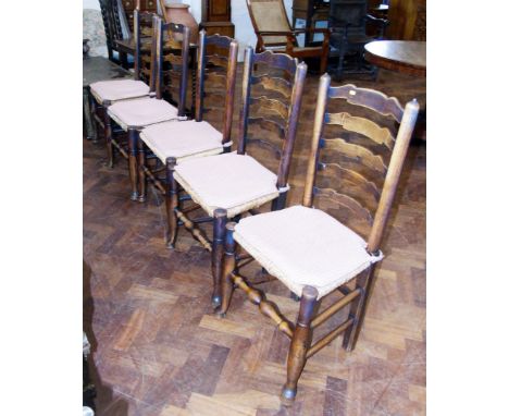 A set of 6 elm Lancashire rush seated ladder-back dining chairs Condition reports are not available for our Interiors Sales