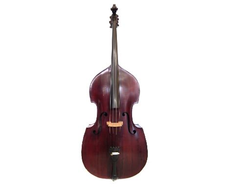 German double bass, with two piece flat back, deep red brown varnish, with Hercules stand and soft case, length of back 110cm