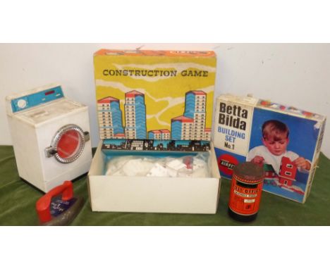 Boxed construction game (made in Romania), Airfix Betta Bilda building set No.1, Mary Lou Chad Valley iron, post office savin