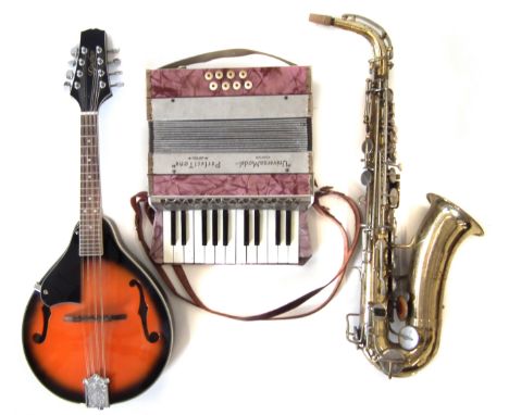 Godman MA-001LH, left hand mandolin , Indiana by Marlin saxophone and an accordion.