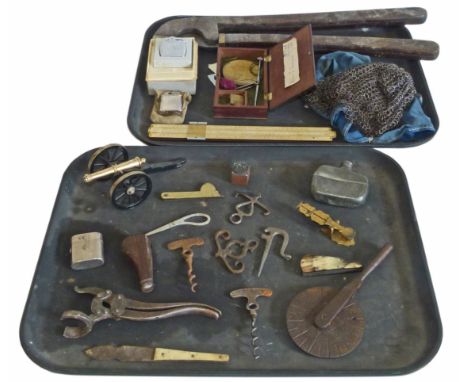 Collection of items, to including tail docking cutters, postage scales, pipe knives, rulers and other items of curiosity. Con