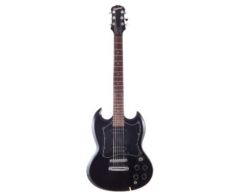 Epiphone SG electric guitar, finished in black, bolt on neck version, together with guitar stand, the guitar measures 98cm lo