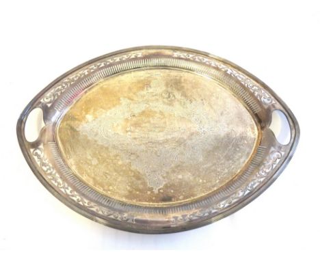 A William Mammatt and Son silver tray of oval form with pierced gallery and handle, central personalised engraving surrounded