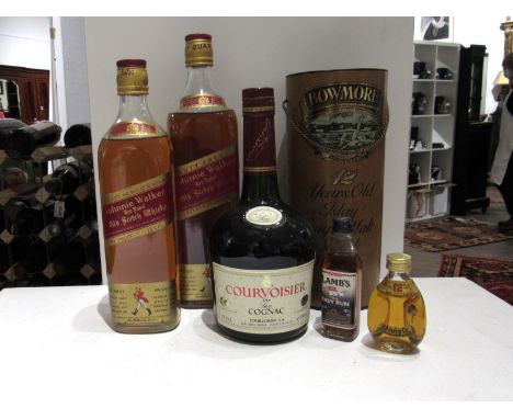 Johnnie Walker Red Label Whisky 93.75cl and 26 2/3flozs, Courvoisier Cognac 680ml, Bowmore 12 years Old Single Malt Islay Whi