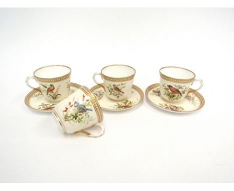 Three Royal Worcester cups and saucers plus on cup, painted with birds and foliate detail by John Hopewell. Cups 6.5cm high, 