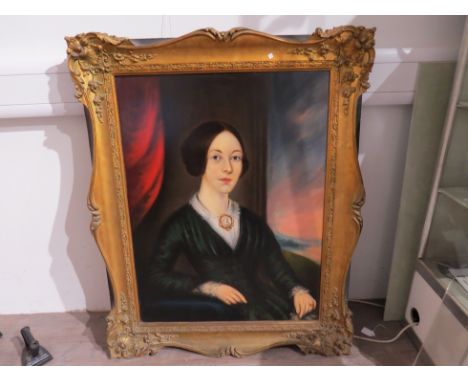 A relined oil on board portrait of a Lady, possibly Miss Barber married to William Suggett of Chesterfield area, owner/manage