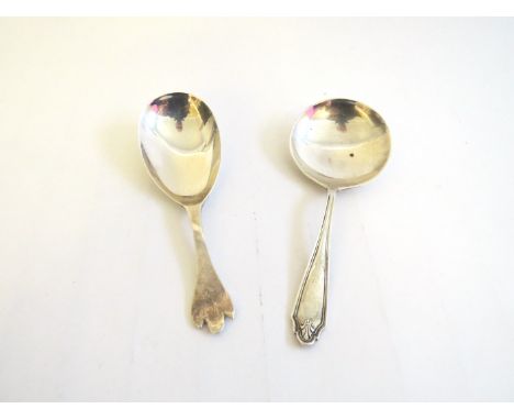 Two silver caddy spoons one of trefoil form 1961 and 1918, 33g