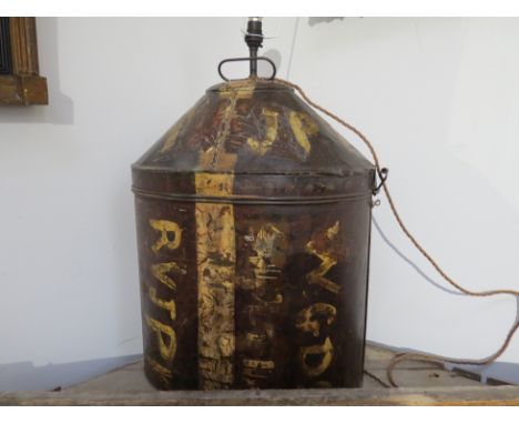 A vintage tin hat box converted to a table lamp base with hand painted lettering design. Monks Hall Estate