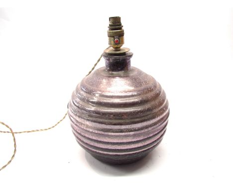 A large ribbed spherical purple crizzled pottery electric table lamp base