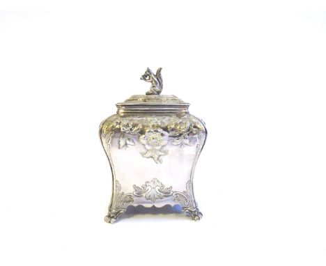 A Pierre Gillois Georgian silver tea caddy of bombé form, all-over repoussé decoration of flowers and scrolled foliage, raise