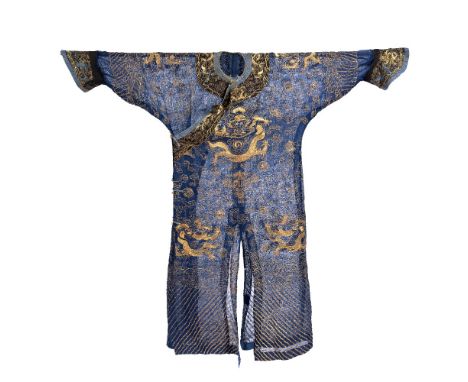 Blue and gold summer coat Chinese threaded in gold silk depicting dragons in flight 122cm high