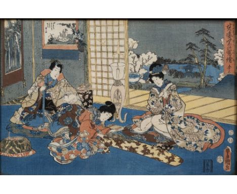 Utagawa Kunisada Japanese, early to mid 19th Century  interior domestic scene and full length portrait, woodblock prints, sea