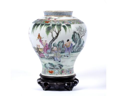 Inverted baluster vase Chinese, 19th/20th Century decorated in the famille rose palette with two scenes of four and five resp